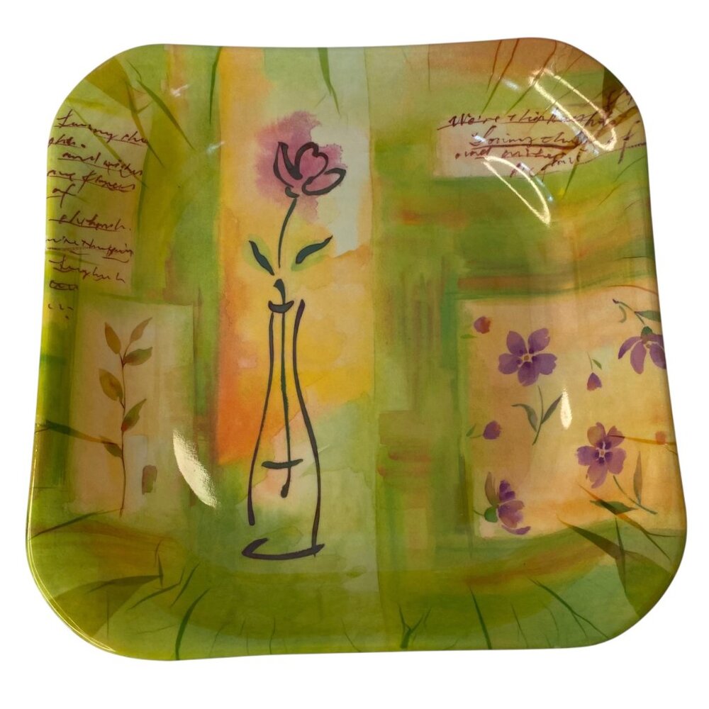 Square Melamine Serving‎ Plate Floral Vase Green Purple Beach House Pic-nic 11"